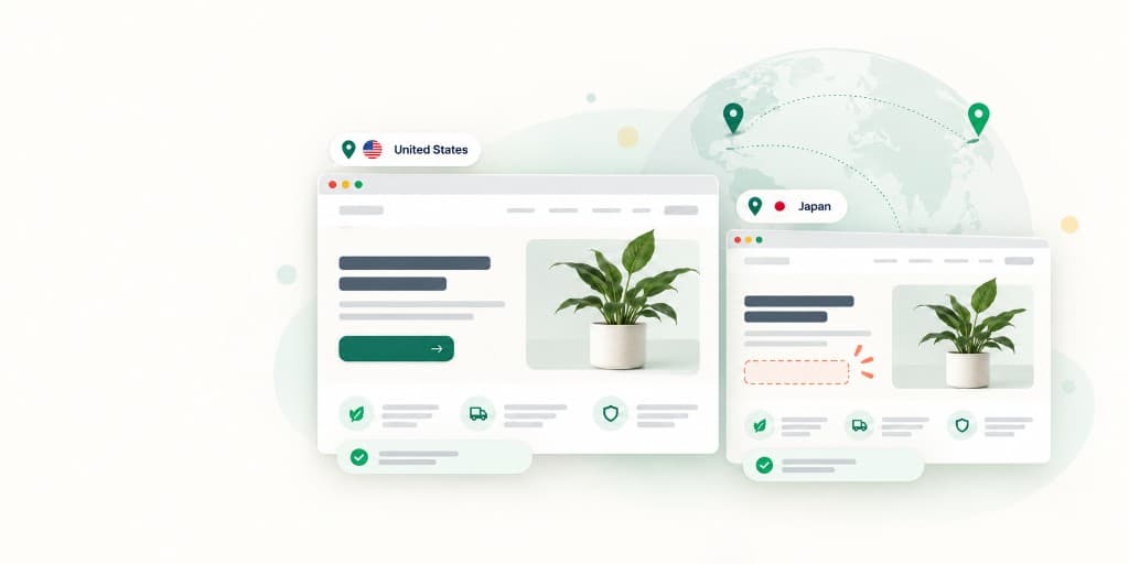 The same landing page as seen from the United States and Japan